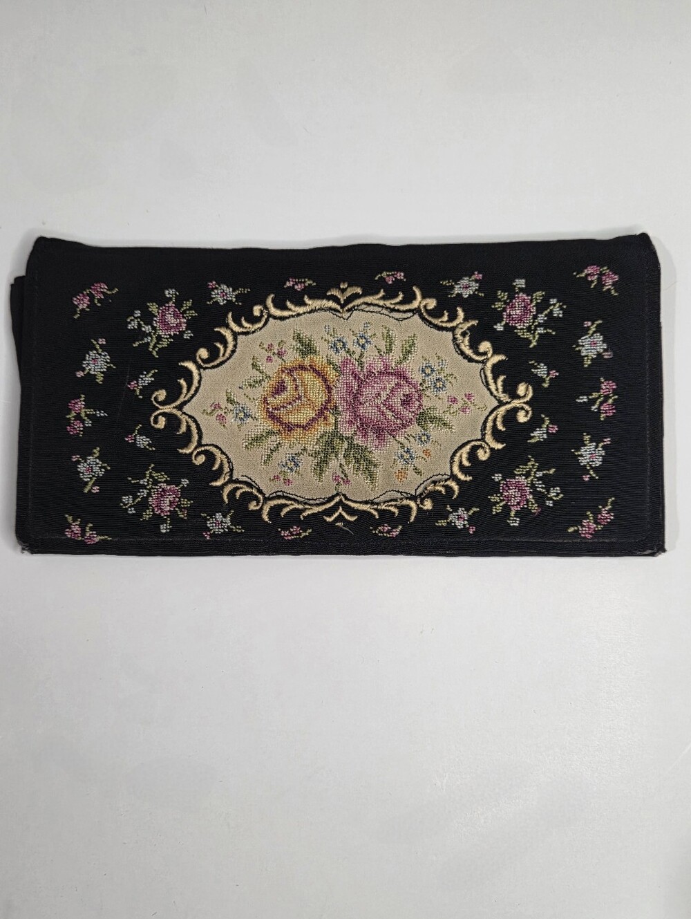 Vintage Floral Petit Point Needlepoint Black Clutch Wallet Purse Gold Moire Silk